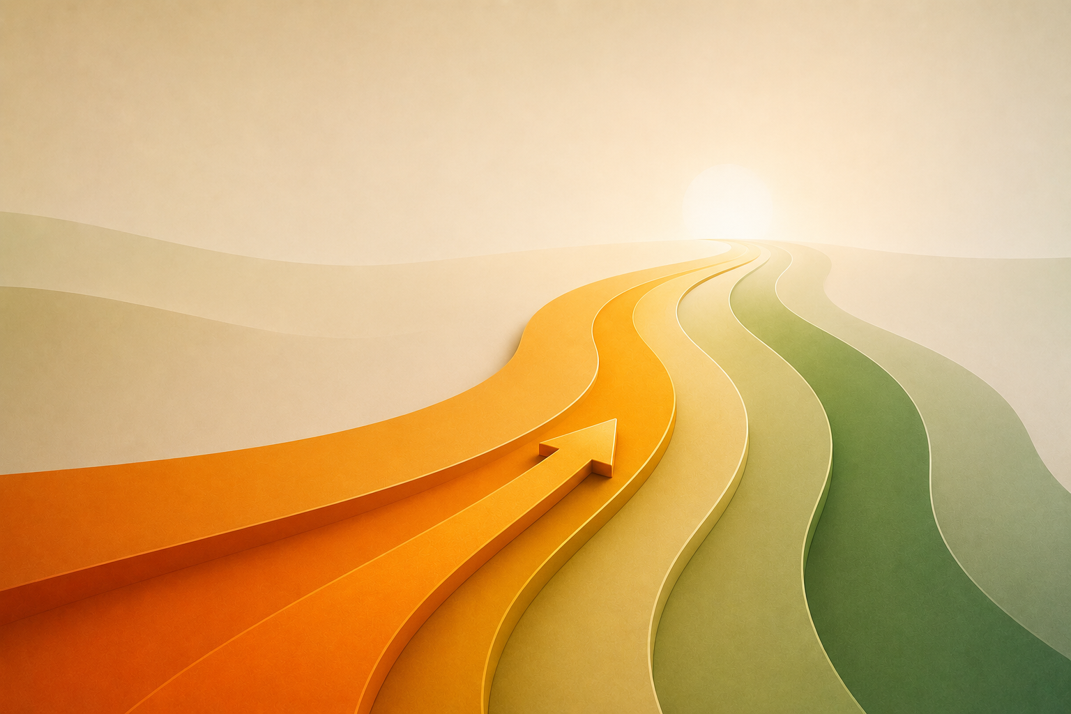 Gekleurde 3D-golven met pijlvormige uitsparing, warm oranje en groen, tegen zachte beige achtergrond.